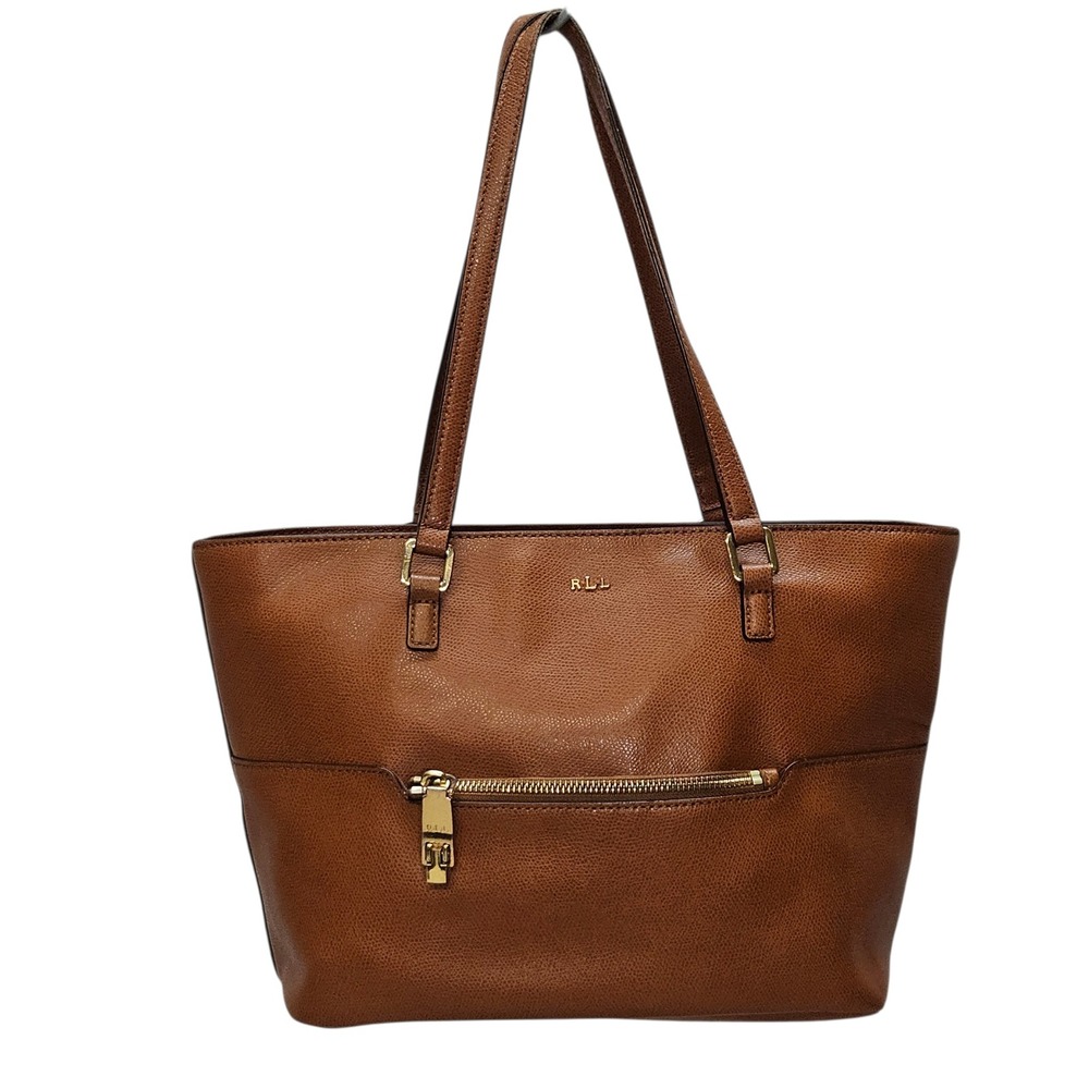 Lauren Ralph Lauren Brown Pebbled Leather Tote Bag Gold Hardware RLL Zippered